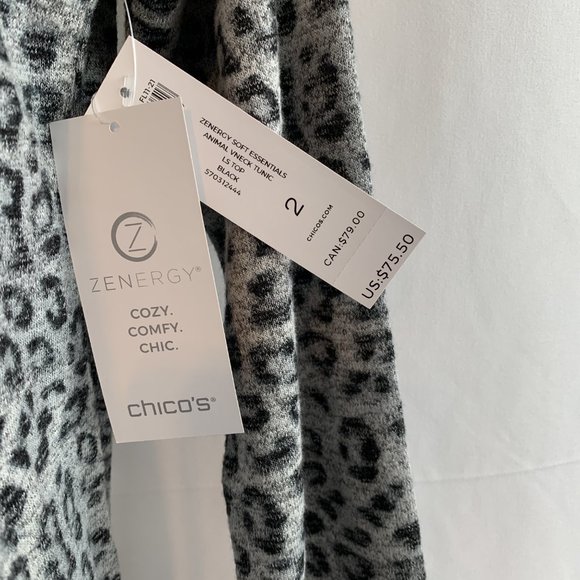 NWT Chico's Zenergy Soft Cotton Essentials Animal Print Grey/Black Tunic 2/XL - Picture 3 of 7